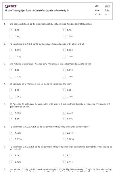 15 câu Trắc nghiệm Toán 10 Cánh Diều Quy tắc đếm có đáp án