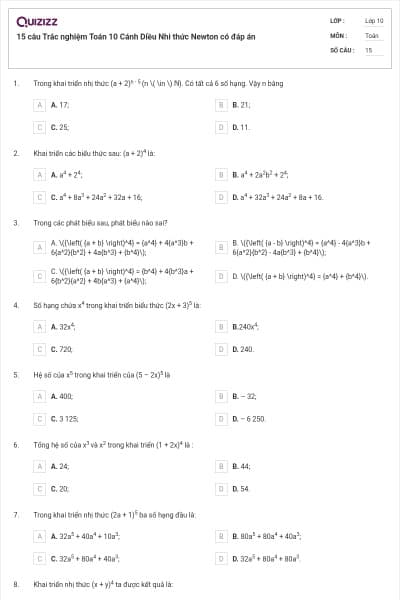 15 câu Trắc nghiệm Toán 10 Cánh Diều Nhi thức Newton có đáp án