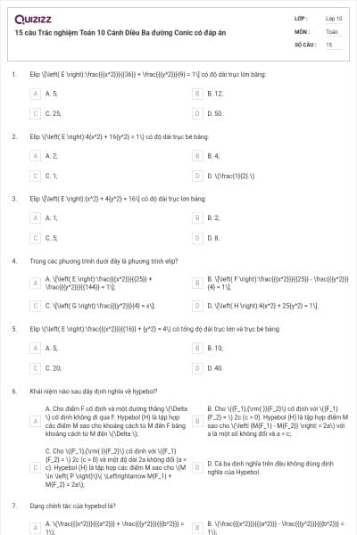 15 câu  Trắc nghiệm Toán 10 Cánh Diều Ba đường Conic có đáp án