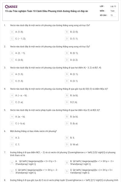 15 câu  Trắc nghiệm Toán 10 Cánh Diều Phương trình đường thẳng có đáp án
