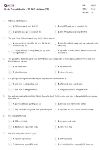 70 câu Trắc nghiệm Địa Lí 11 Bài 1 có đáp án (P1)