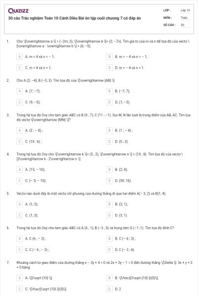 30 câu Trắc nghiệm Toán 10 Cánh Diều Bài ôn tập cuối chương 7 có đáp án