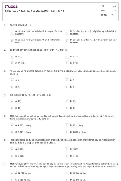 Đề thi học kì 1 Toán lớp 4 có đáp án  (Mới nhất) - Đề 14