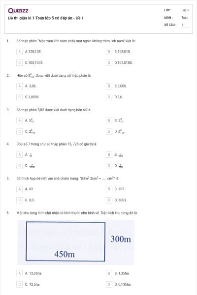 Đề thi giữa kì 1 Toán lớp 5 có đáp án - Đề 1