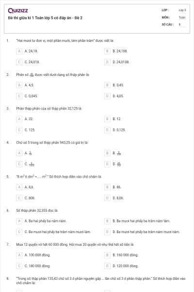 Đề thi giữa kì 1 Toán lớp 5 có đáp án - Đề 2