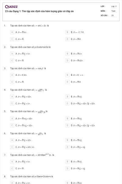 23 câu Dạng 1: Tìm tập xác định của hàm lượng giác có đáp án