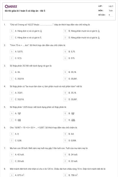 Đề thi giữa kì I toán 5 có đáp án - Đề 5