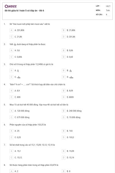 Đề thi giữa kì I toán 5 có đáp án - Đề 6