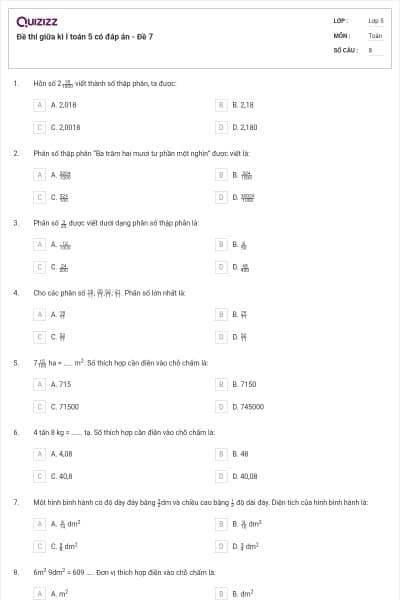 Đề thi giữa kì I toán 5 có đáp án - Đề 7