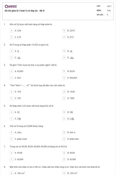 Đề thi giữa kì I toán 5 có đáp án - Đề 8