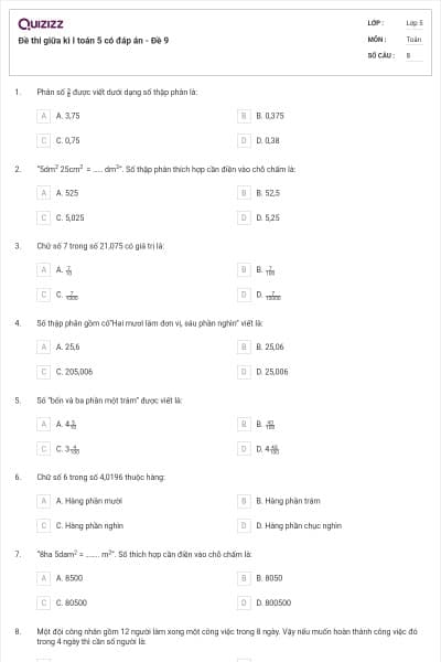 Đề thi giữa kì I toán 5 có đáp án - Đề 9