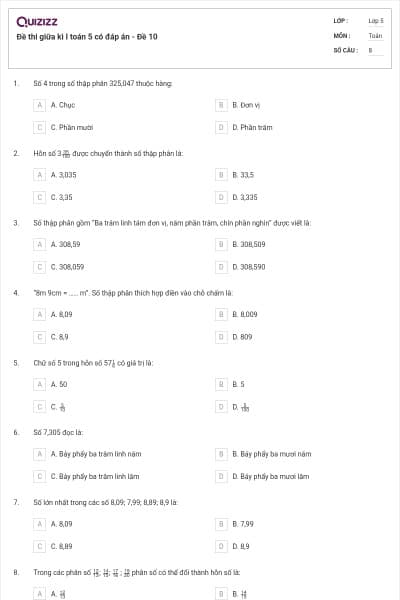 Đề thi giữa kì I toán 5 có đáp án - Đề 10