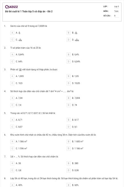 Đề thi cuối kì 1 Toán lớp 5 có đáp án  - Đề 2