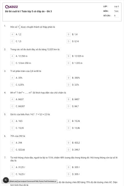 Đề thi cuối kì I Toán lớp 5 có đáp án  - Đề 3