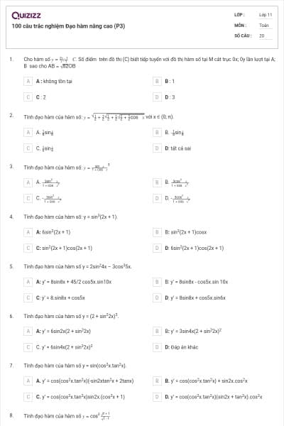 100 câu trắc nghiệm Đạo hàm nâng cao (P3)