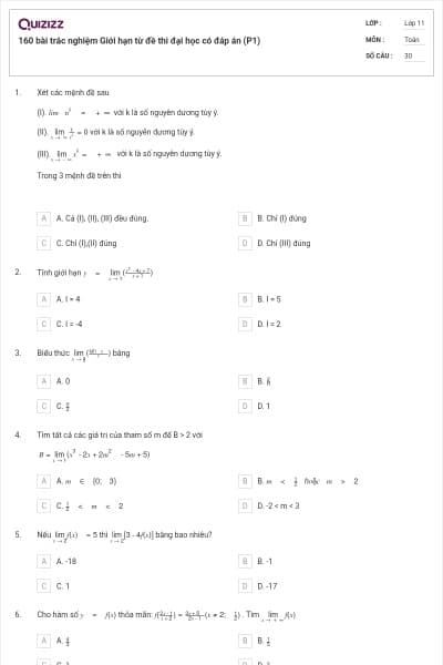 160 bài trắc nghiệm Giới hạn từ đề thi đại học có đáp án (P1)