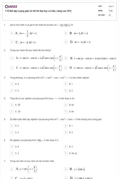 110 Bài tập Lượng giác từ đề thi Đại học cơ bản, nâng cao (P2)