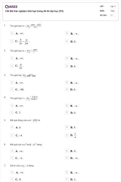 106 Bài trắc nghiệm Giới hạn trong đề thi đại học (P4)