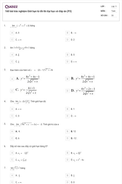 160 bài trắc nghiệm Giới hạn từ đề thi đại học có đáp án (P3)