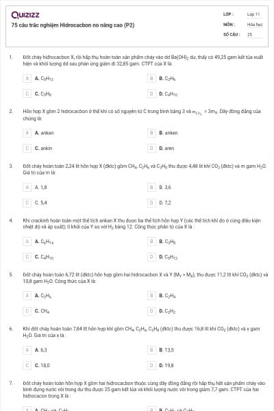 75 câu trắc nghiệm Hidrocacbon no nâng cao (P2)