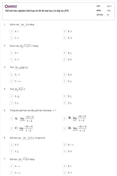 160 bài trắc nghiệm Giới hạn từ đề thi đại học có đáp án (P4)