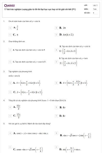 17 bài trắc nghiệm Lượng giác từ đề thi Đại học cực hay có lời giải chi tiết (P1)