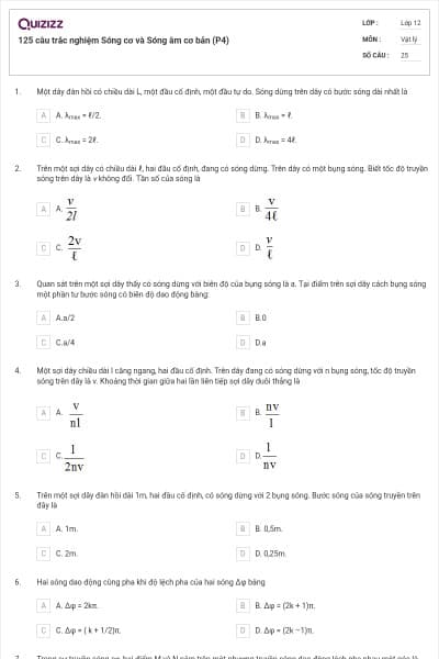 125 câu trắc nghiệm Sóng cơ và Sóng âm cơ bản (P4)