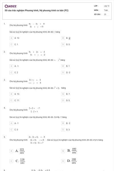 50 câu trắc nghiệm Phương trình, Hệ phương trình cơ bản (P2)