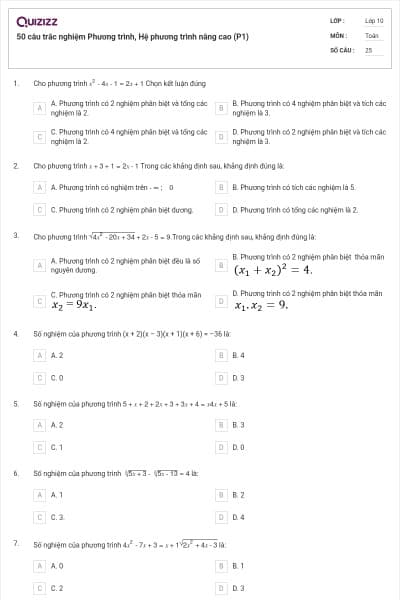 50 câu trắc nghiệm Phương trình, Hệ phương trình nâng cao (P1)