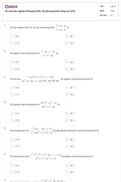 50 câu trắc nghiệm Phương trình, Hệ phương trình nâng cao (P2)