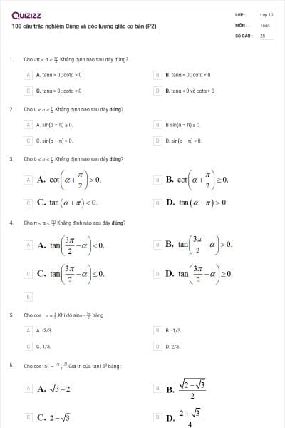 100 câu trắc nghiệm Cung và góc lượng giác cơ bản (P2)