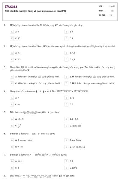 100 câu trắc nghiệm Cung và góc lượng giác cơ bản (P3)