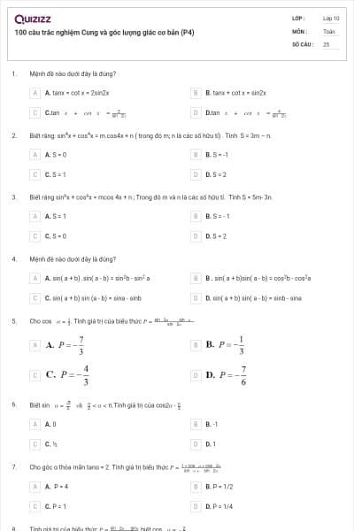 100 câu trắc nghiệm Cung và góc lượng giác cơ bản (P4)