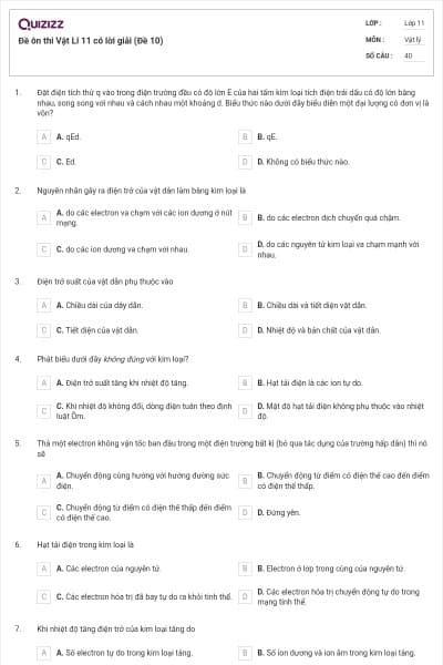 Đề ôn thi Vật Lí 11 có lời giải (Đề 10)