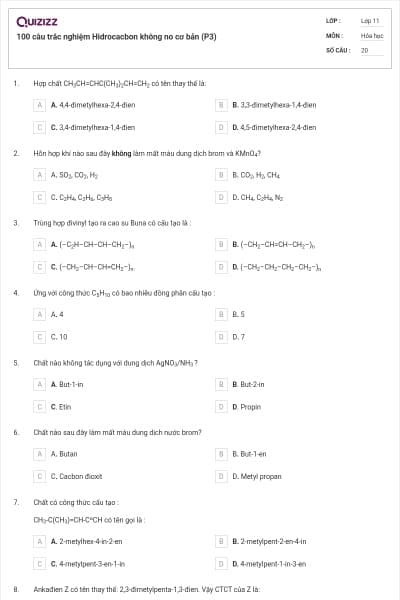 100 câu trắc nghiệm Hidrocacbon không no cơ bản (P3)