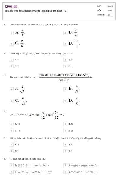 100 câu trắc nghiệm Cung và góc lượng giác nâng cao (P3)