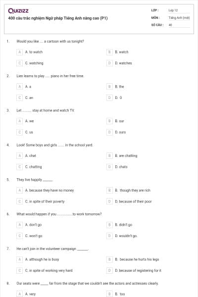 400 câu trắc nghiệm Ngữ pháp Tiếng Anh nâng cao (P1)