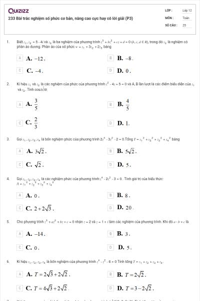233 Bài trắc nghiệm số phức cơ bản, nâng cao cực hay có lời giải (P3)