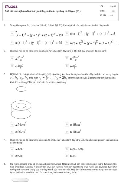 160 bài trắc nghiệm Mặt nón, mặt trụ, mặt cầu cực hay có lời giải (P1)