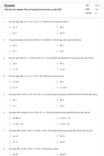 100 câu trắc nghiệm Tích vô hướng của hai vectơ cơ bản (P3)