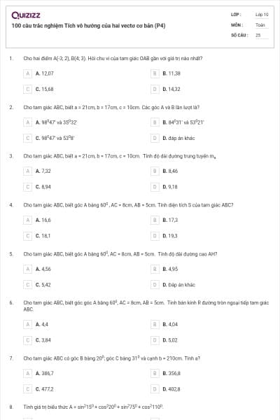 100 câu trắc nghiệm Tích vô hướng của hai vectơ cơ bản (P4)