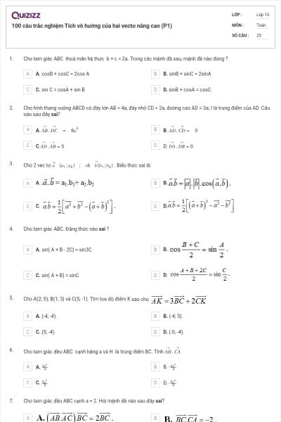 100 câu trắc nghiệm Tích vô hướng của hai vectơ nâng cao (P1)