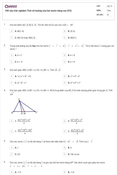 100 câu trắc nghiệm Tích vô hướng của hai vectơ nâng cao (P2)