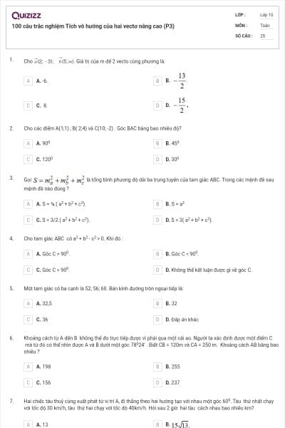 100 câu trắc nghiệm Tích vô hướng của hai vectơ nâng cao (P3)