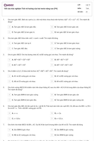 100 câu trắc nghiệm Tích vô hướng của hai vectơ nâng cao (P4)