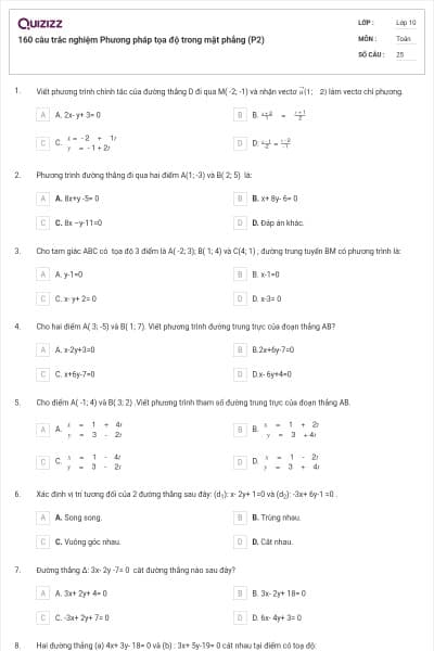 160 câu trắc nghiệm Phương pháp tọa độ trong mặt phẳng (P2)