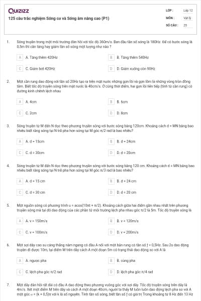 125 câu trắc nghiệm Sóng cơ và Sóng âm nâng cao (P1)