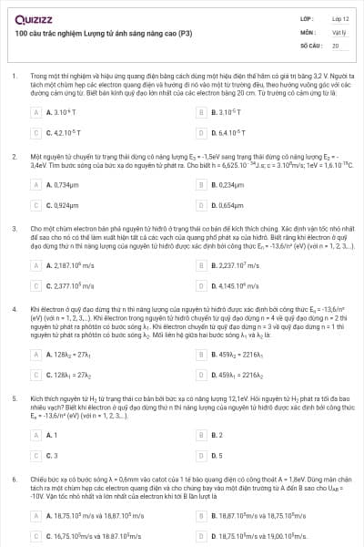 100 câu trắc nghiệm Lượng tử ánh sáng nâng cao (P3)