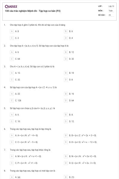 100 câu trắc nghiệm Mệnh đề - Tập hợp cơ bản (P3)