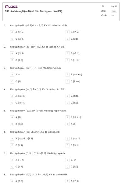 100 câu trắc nghiệm Mệnh đề - Tập hợp cơ bản (P4)